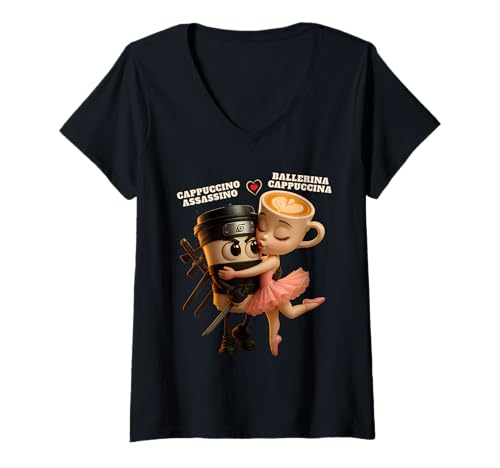 Damen Ballerina Cappuccina Cappuccino Assassino Italienisch Brainrot T-Shirt mit V-Ausschnitt von Espresso Latte Ninja Lover Coffee Meme Women Kids