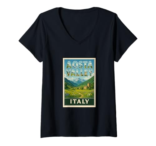 Damen Aostatal Italien Vintage Reise Souvenir Post Art Grafik T-Shirt mit V-Ausschnitt Damen Aostatal Italien Vintage Reise Souvenir Post Art Grafik T-Shirt mit V-Ausschnitt von Espresso Yourself Italy Tees Apparel and Design