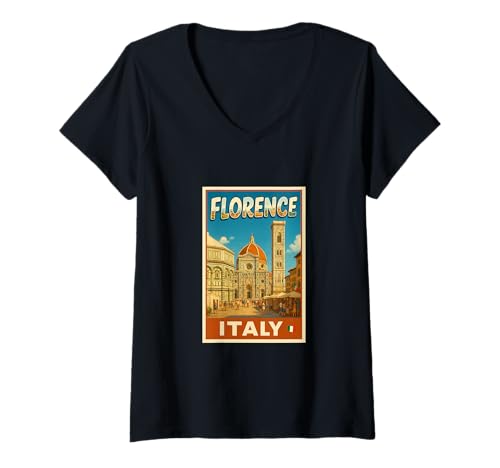 Damen Florenz Italien Vintage Reise Souvenir Poster Kunst Grafik T-Shirt mit V-Ausschnitt Damen Florenz Italien Vintage Reise Souvenir Poster Kunst Grafik T-Shirt mit V-Ausschnitt von Espresso Yourself Italy Tees Apparel and Design