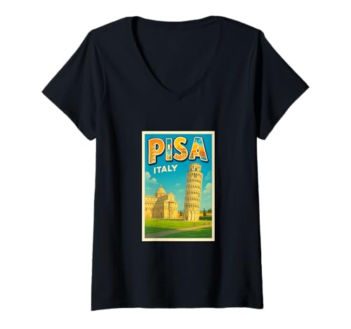 Damen Pisa Italien Vintage Reise Reise Souvenir Poster Kunst Grafik T-Shirt mit V-Ausschnitt Damen Pisa Italien Vintage Reise Reise Souvenir Poster Kunst Grafik T-Shirt mit V-Ausschnitt von Espresso Yourself Italy Tees Apparel and Design