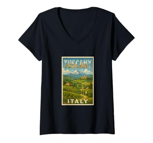 Damen Toskana Area Italien Vintage Reise Souvenir Post Art Grafik T-Shirt mit V-Ausschnitt von Espresso Yourself Italy Tees Apparel and Design