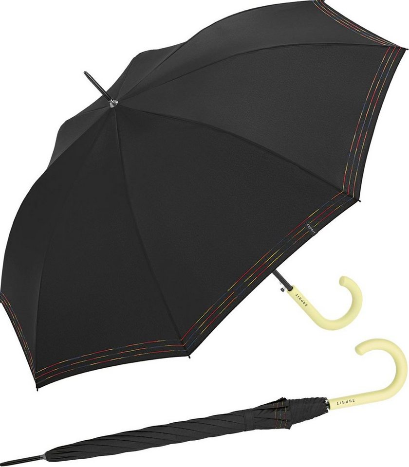 Esprit Langregenschirm Damen-Stockschirm, bestickt mit bunten Linien, mit gelben Streben und gelbem Griff von Esprit