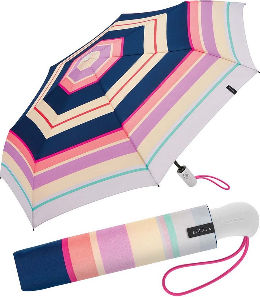 Esprit Langregenschirm Damen-Taschenschirm klein und stabil mit Automatik, farbenfroh bedruckt mit Streifen-Muster von Esprit