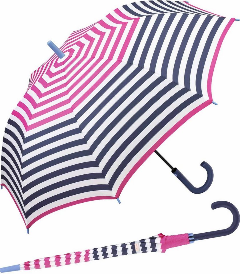 Esprit Langregenschirm großer Regenschirm für Damen mit Auf-Automatik, mit jugendlichem Streifenmuster - pink-navy von Esprit