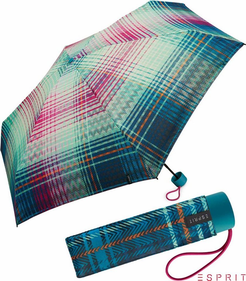 Esprit Taschenregenschirm Damen Super Mini Regenschirm Petito Cosy Checks - ocean depths, winzig klein, in bunter Karo-Optik von Esprit