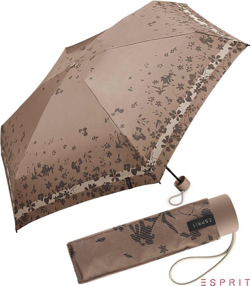 Esprit Taschenregenschirm Damen Super Mini Regenschirm Petito Poetry Flower - taupe gray, winzig klein, mit Blumenmuster von Esprit