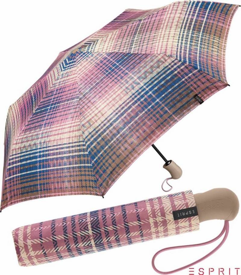Esprit Taschenregenschirm Easymatic Light Auf-Zu Automatik Cosy Checks - dusky orchid, stabil, praktisch, in bunter Karo-Optik von Esprit