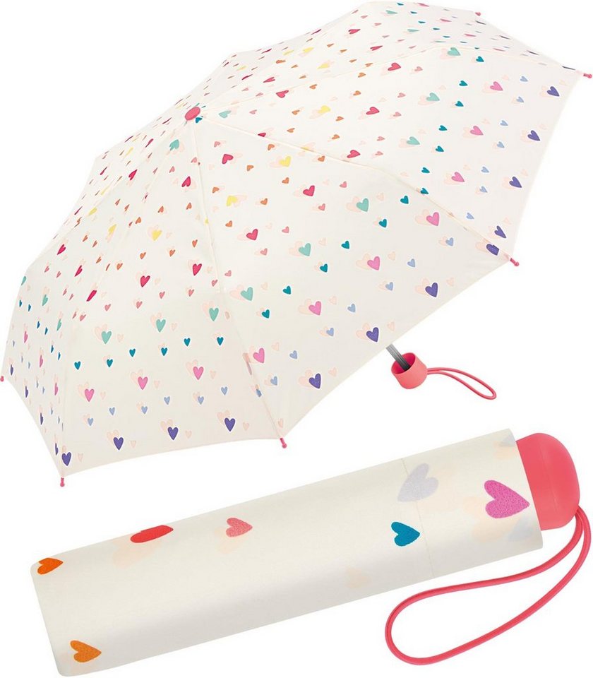 Esprit Taschenregenschirm kleiner, leichter Taschenschirm für Kinder, mit niedlichem, bunten Herzen-Design für Mädchen von Esprit