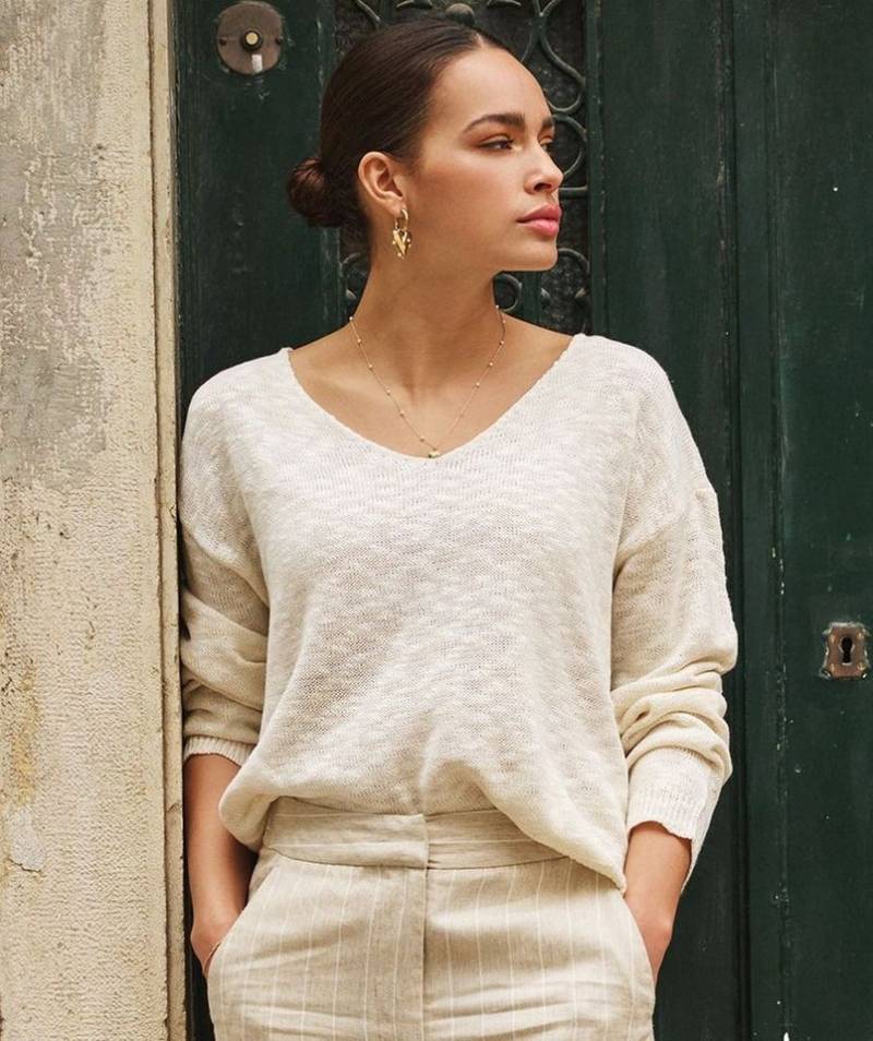 Esqualo Strickpullover Esqualo Pullover mit V Auschnitt Strickoptik Champange von Esqualo