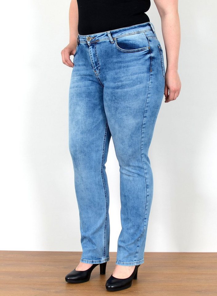 ESRA Straight-Jeans Straight Fit Jeans Damen High Waist Jeans-Hose Regular bis Übergröße Gerade Schnitt Jeanshose Damen hohe Leibhöhe Stretch Jeans Straight von ESRA