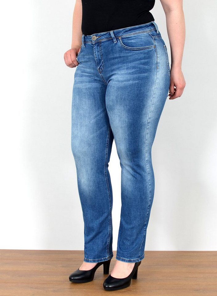 ESRA Straight-Jeans Straight Fit Jeans Damen High Waist Jeans-Hose Regular bis Übergröße Gerade Schnitt Jeanshose Damen hohe Leibhöhe Stretch Jeans Straight von ESRA
