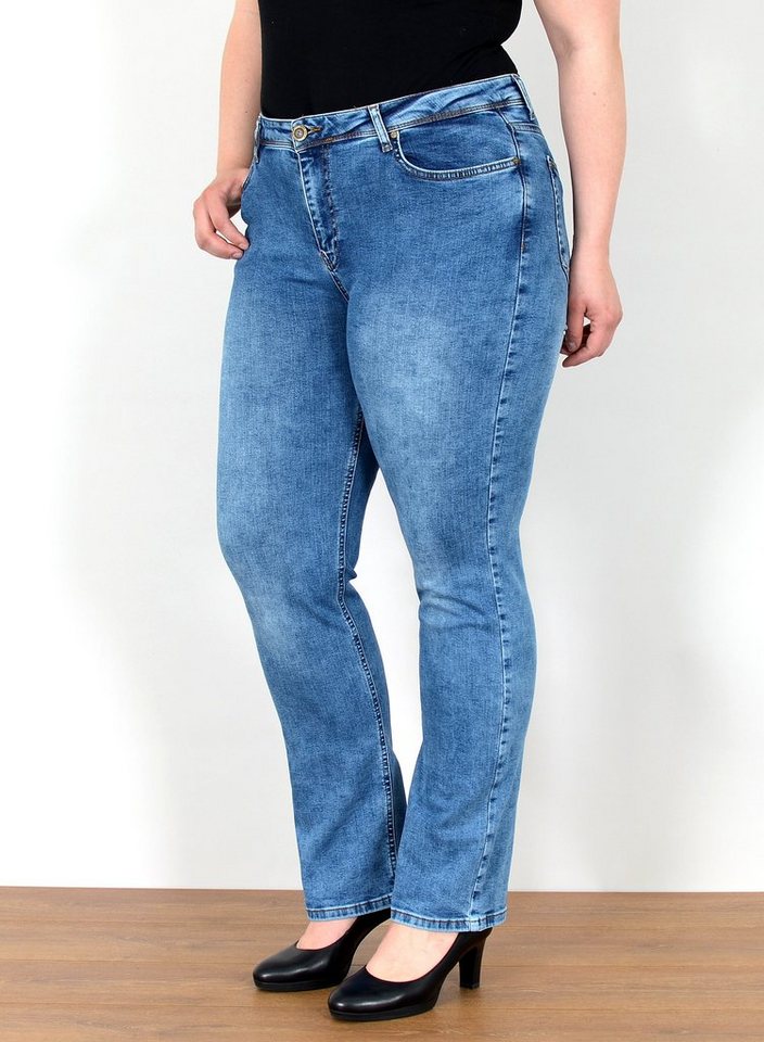 ESRA Straight-Jeans Straight Fit Jeans Damen High Waist Jeans-Hose Regular bis Übergröße Gerade Schnitt Jeanshose Damen hohe Leibhöhe Stretch Jeans Straight von ESRA