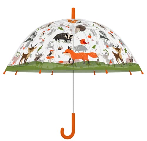 Esschert Design Kinder Regenschirm transparent mit WALDTIEREN und orangem Griff von Esschert Design