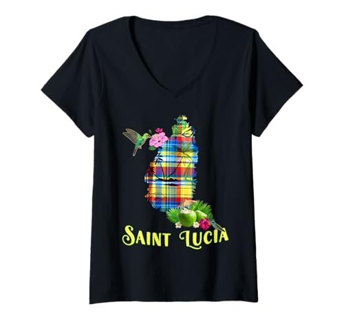 Damen Saint Lucia Schatz der Karibik Madras Heritage T-Shirt mit V-Ausschnitt Damen Saint Lucia Schatz der Karibik Madras Heritage T-Shirt mit V-Ausschnitt von Essence De L'île De Sainte-Lucie