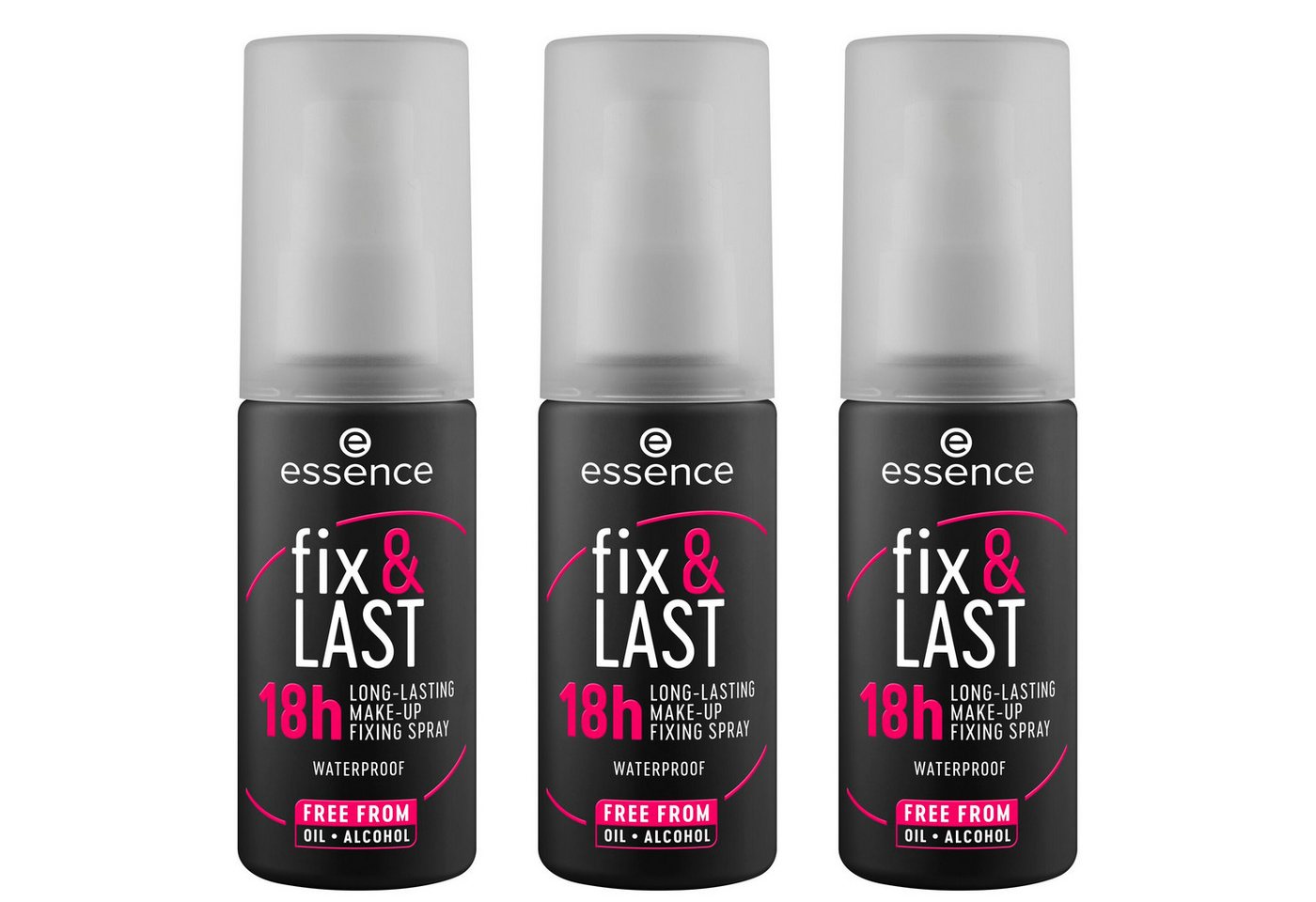 Essence Fixierspray fix & LAST 18h LONG-LASTING MAKE-UP FIXING SPRAY, 3-tlg., Hält das Make-up bis zu 18 Stunden mit gleichmäßiger Sprühverteilung. von Essence