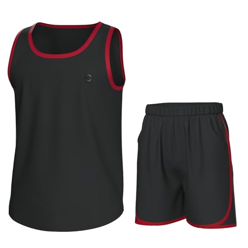 Essenclo Boys Clothing Sets, Boys Athletic Shorts & Sleeveless Shirts, Crew Neck Kids Tank Top Clothes Size 3-16 (2 Pcs Set) - E1001 - Black Red - 13-14 von Essenclo