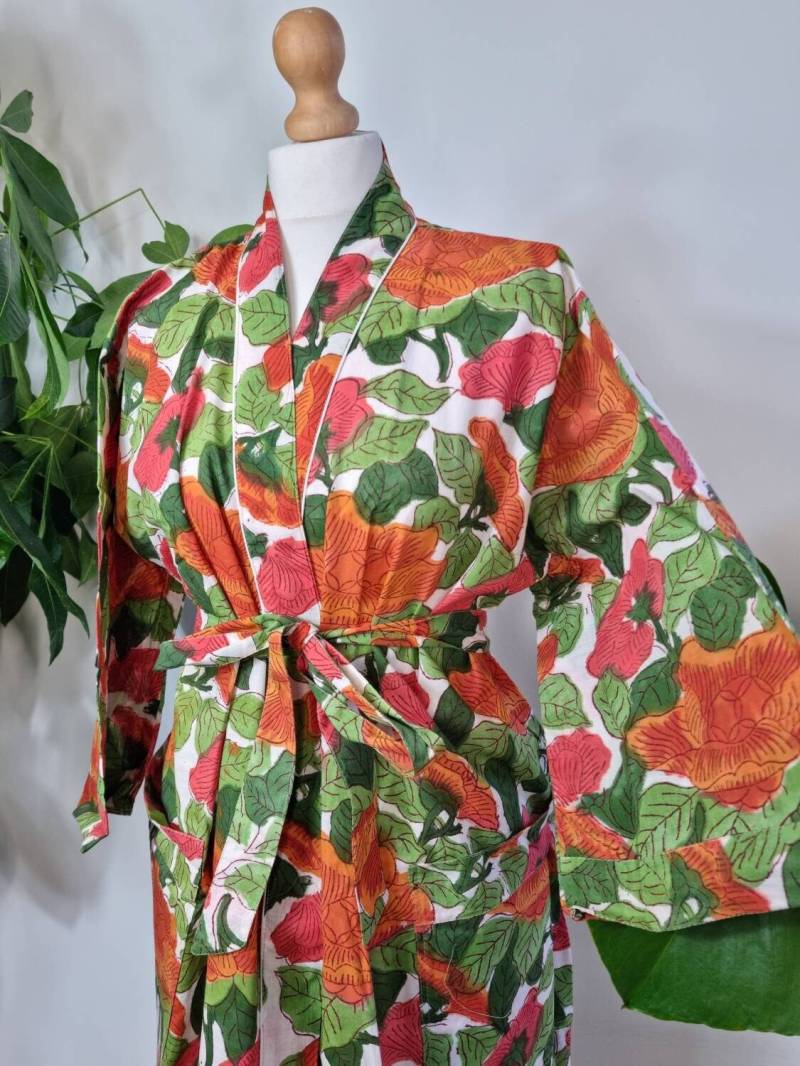 Reine Baumwolle Handprinted Haus Robe Sommer Kimono Floral Strand Vertuschung/Bequeme Mutterschaft Mutter Frühling Weiß Orange Blüte Grüne von EssentialDesignsLDN