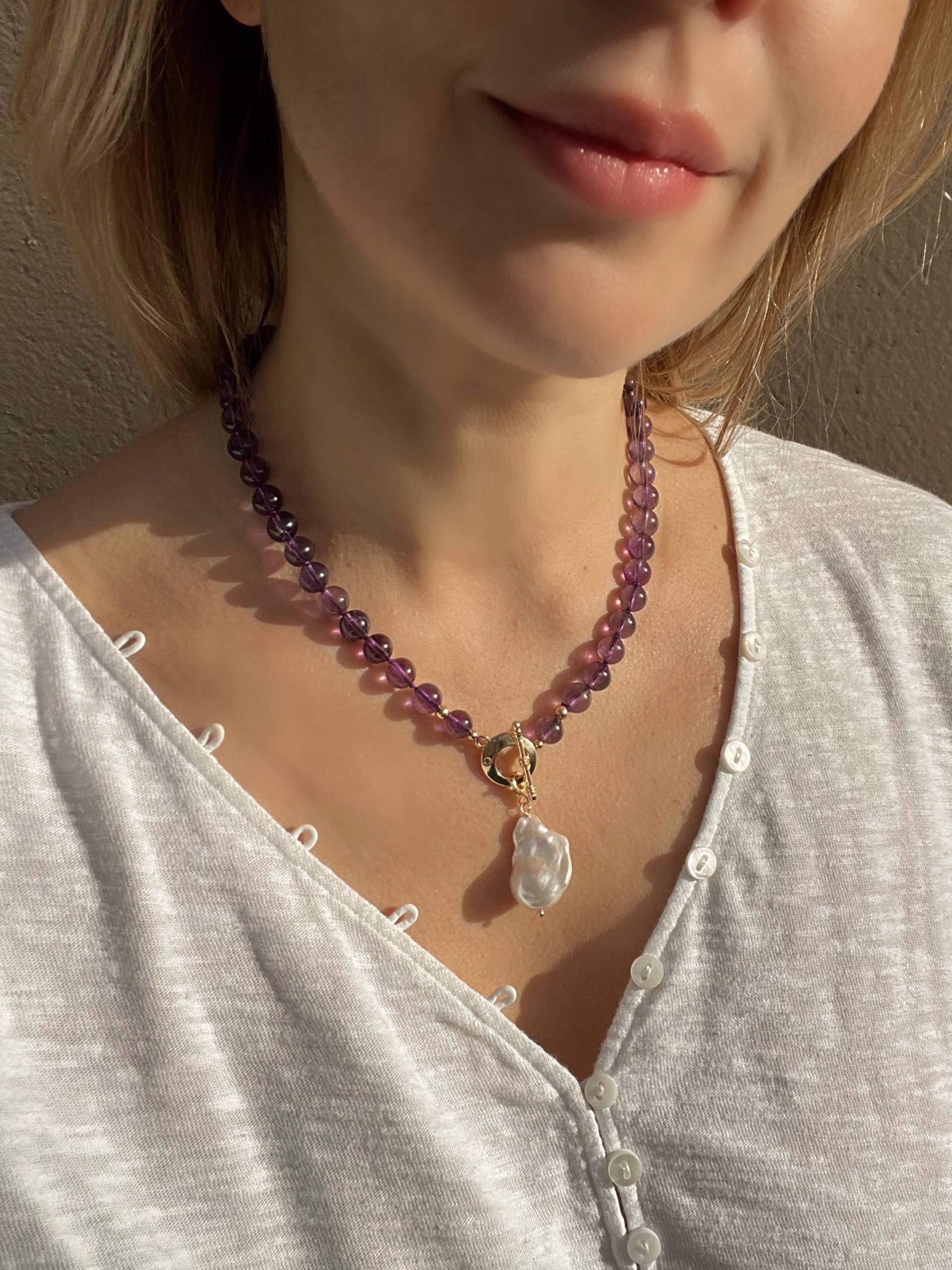 Amethyst Halskette, Dunkel Lila Und Barock Perle Perlen Boho Perlenschmuck, Halskette Für Frauen von Essenziale