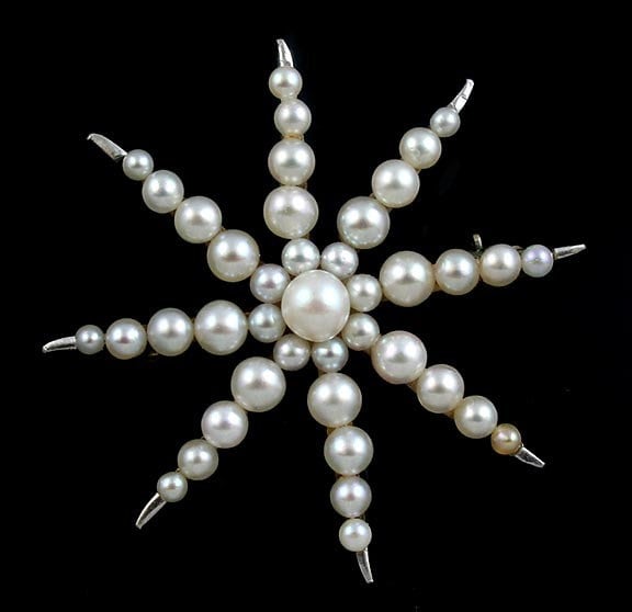 Antike Radiant Pearl 14K Gold Platinum Sunburst Stern Pin/Brosche von EssexRiverAntiques