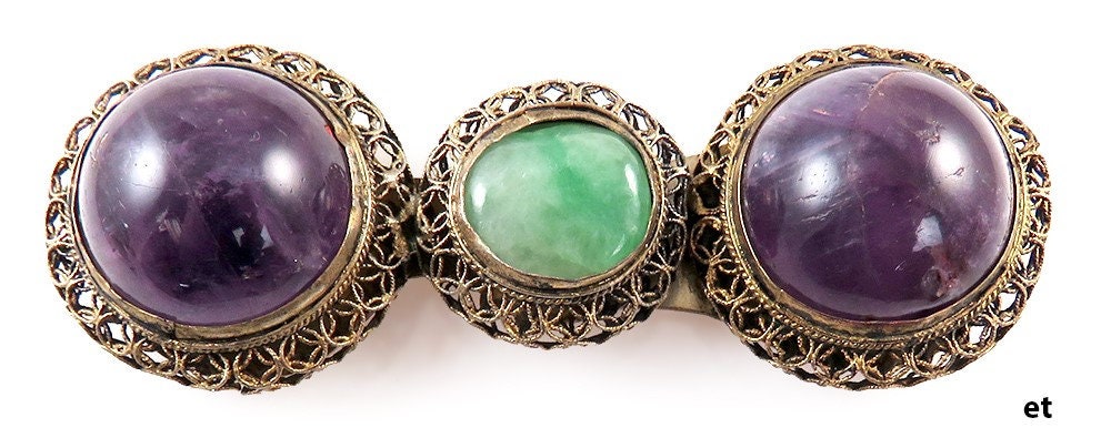 Antikes Gold Überzogen Mit Großer Amethyst & Jade Stein Gürtelschnalle von EssexRiverAntiques