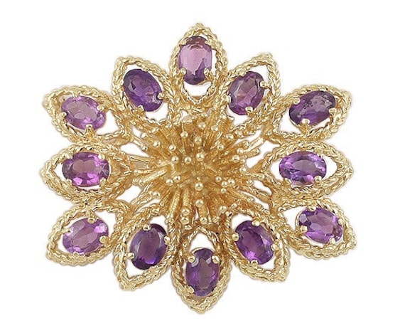 Auffallende Große 14K Gelbgold Amethyst Blumen Pin Brosche Modern von EssexRiverAntiques