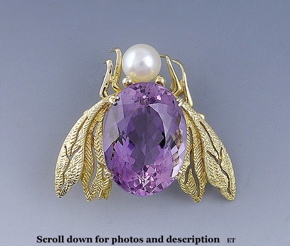 Charmante Amethyst Perle 14K Gold Bee Beetle Pin/Brosche von EssexRiverAntiques