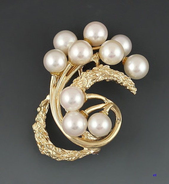 Schöne Und Elegante 14K Gold Pearl Ocean Swept Pin Brosche von EssexRiverAntiques