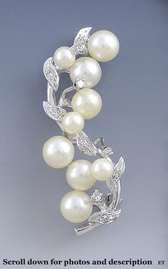 Unglaubliche 14K Weißgold Zweig Pin W/Perlen Diamanten Brosche von EssexRiverAntiques