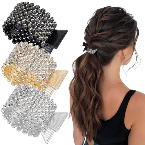 Esshogo 3 Stück Haarspangen Damen Haarklammer Metall, Strass Haarspangen Halter Hoher Pferdeschwanz Rutschfest Modische für Dickes Dünn Haar von Esshogo