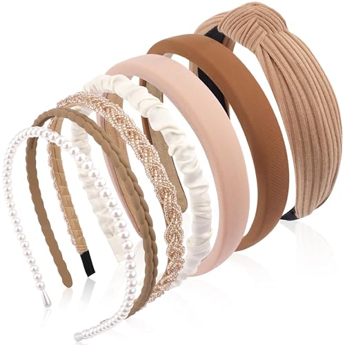 Esshogo 7 Stück Haarreifen Set Damen,Modische braune Stirnbänder mit Perlen,Rutschfestes Blumen-Stirnbänder,Haarreifen Damen Breit,Stirnbänd Kunststoff,Haarreif Perlen,Haarbänder Haar-Accessoires von Esshogo