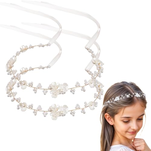 Esshogo 2 Stück Prinzessin Blumenkranz Haare, Blume Haarschmuck Mädchen, Haarschmuck Haarband für Mädchen, Blumenkranz Haare Kinder, Weiße Perlen Blumenst von Esshogo