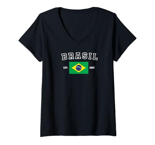 Damen Brasilianische Flagge Brasilien T-Shirt mit V-Ausschnitt Damen Brasilianische Flagge Brasilien T-Shirt mit V-Ausschnitt von Est.1822 Brasil Flag Brazil