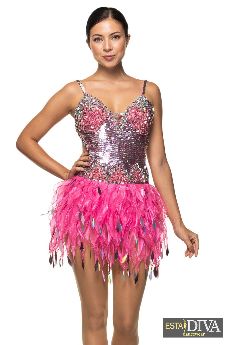 Organza-Flammenkleid Llama Rosa Fransenrock Salsa Pailletten Showtanz Outfit Maßgeschneidert von EstaDiva