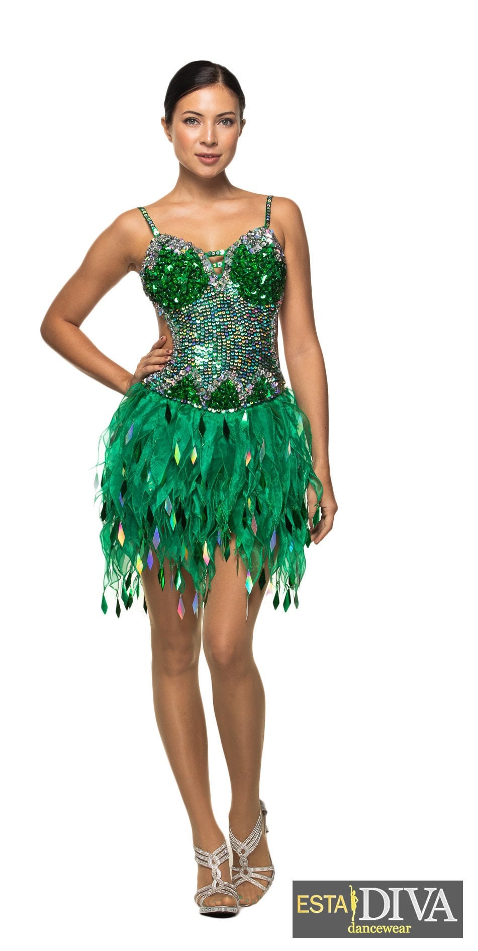 Organza-Flammenkleid Llama Verde Fransenrock Salsa Pailletten Showtanz Outfit Maßgeschneidert von EstaDiva