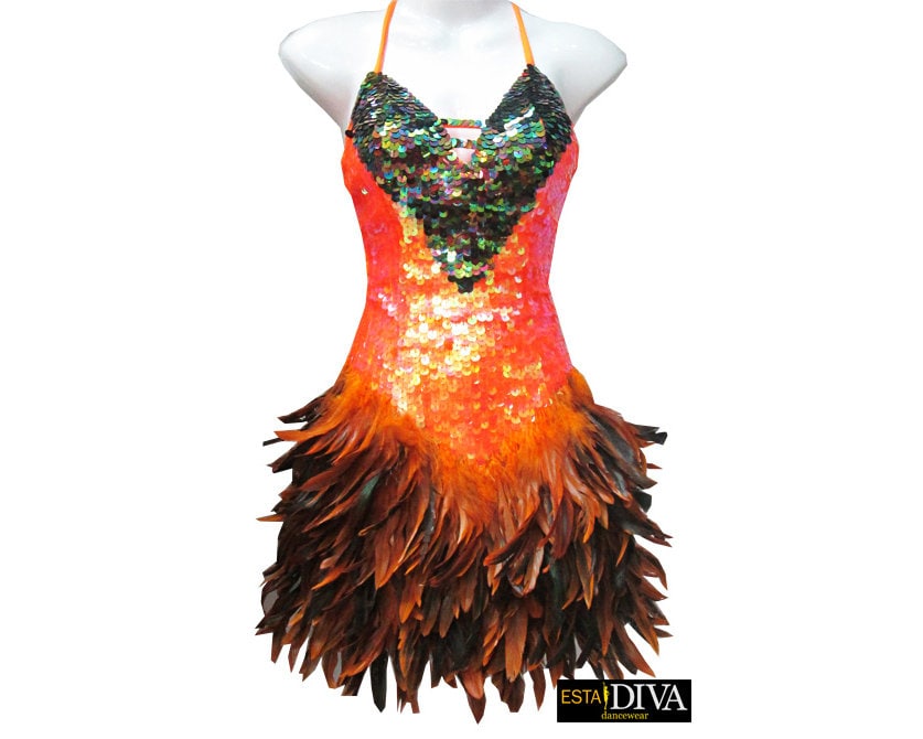 Showtanzkleid Abito Vegas Salsa Pailletten Rio Karneval Samba Feder Outfit Nach Maß von EstaDiva