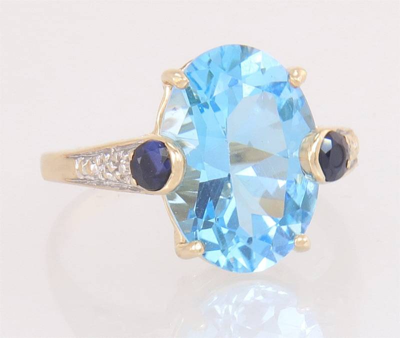 14K Gelbgold 6, 70 Karat Echter Diamant Blautopas & Sapphire Dinner Ring Größe 8 von EstateAntiqueJewelry