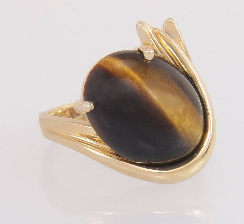 14K Gelbgold 7.50Ct Tigerauge Edelstein Dinner Ring Größe 7.75 von EstateAntiqueJewelry