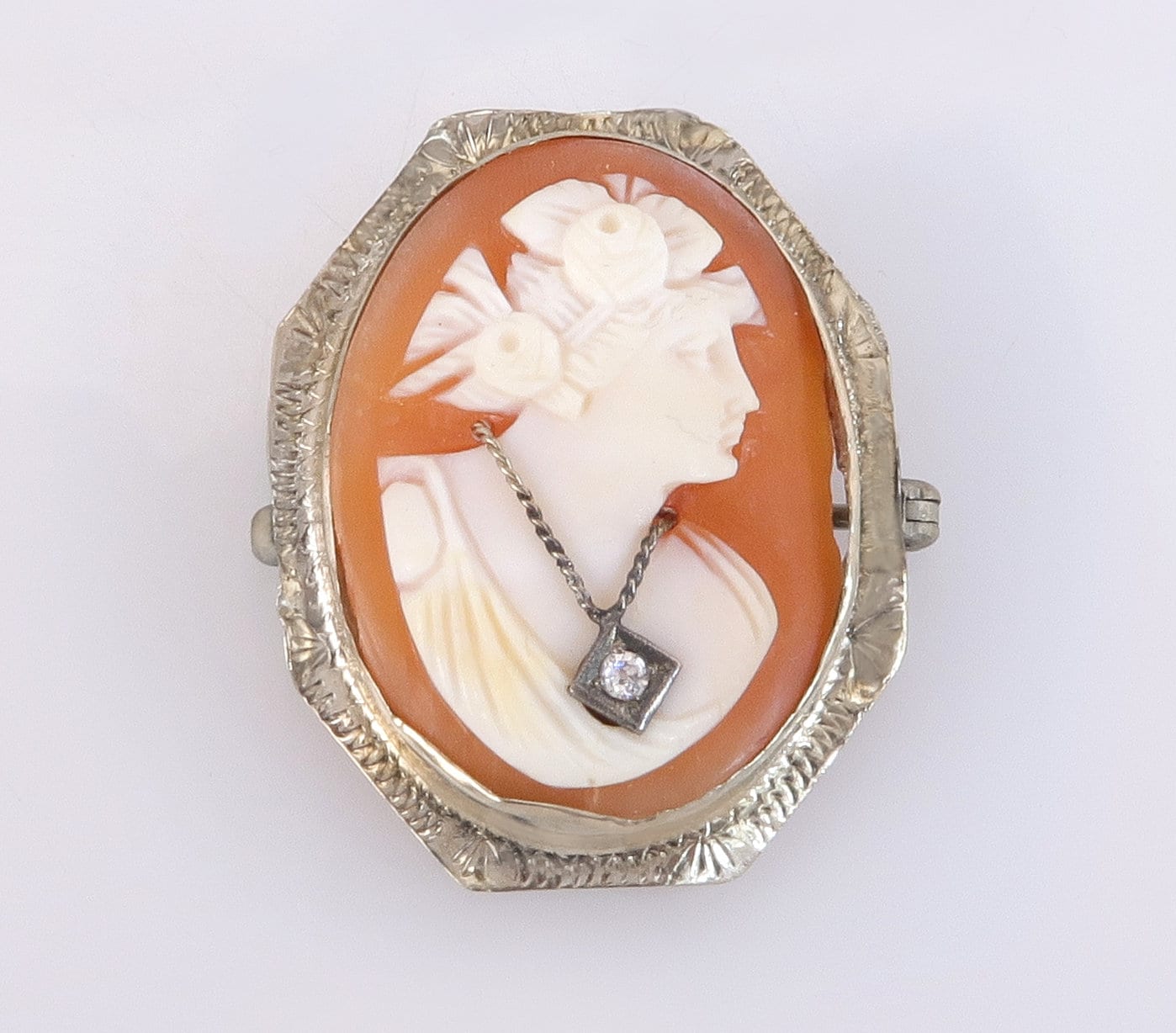 Antik 14K Weißgold Echter Diamant Handgeschnitzt Kamee Art Deco Pin Brosche von EstateAntiqueJewelry