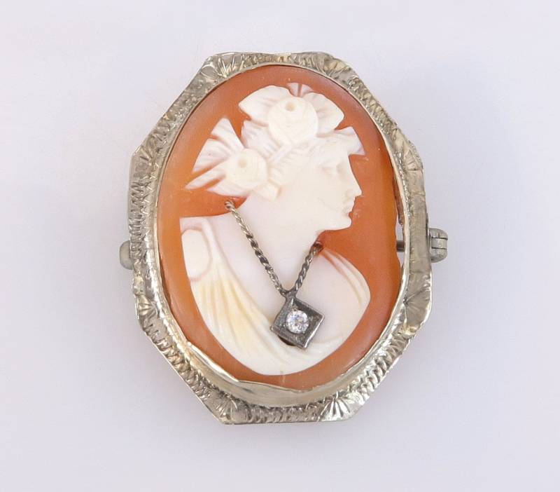 Antik 14K Weißgold Echter Diamant Handgeschnitzt Kamee Art Deco Pin Brosche von EstateAntiqueJewelry