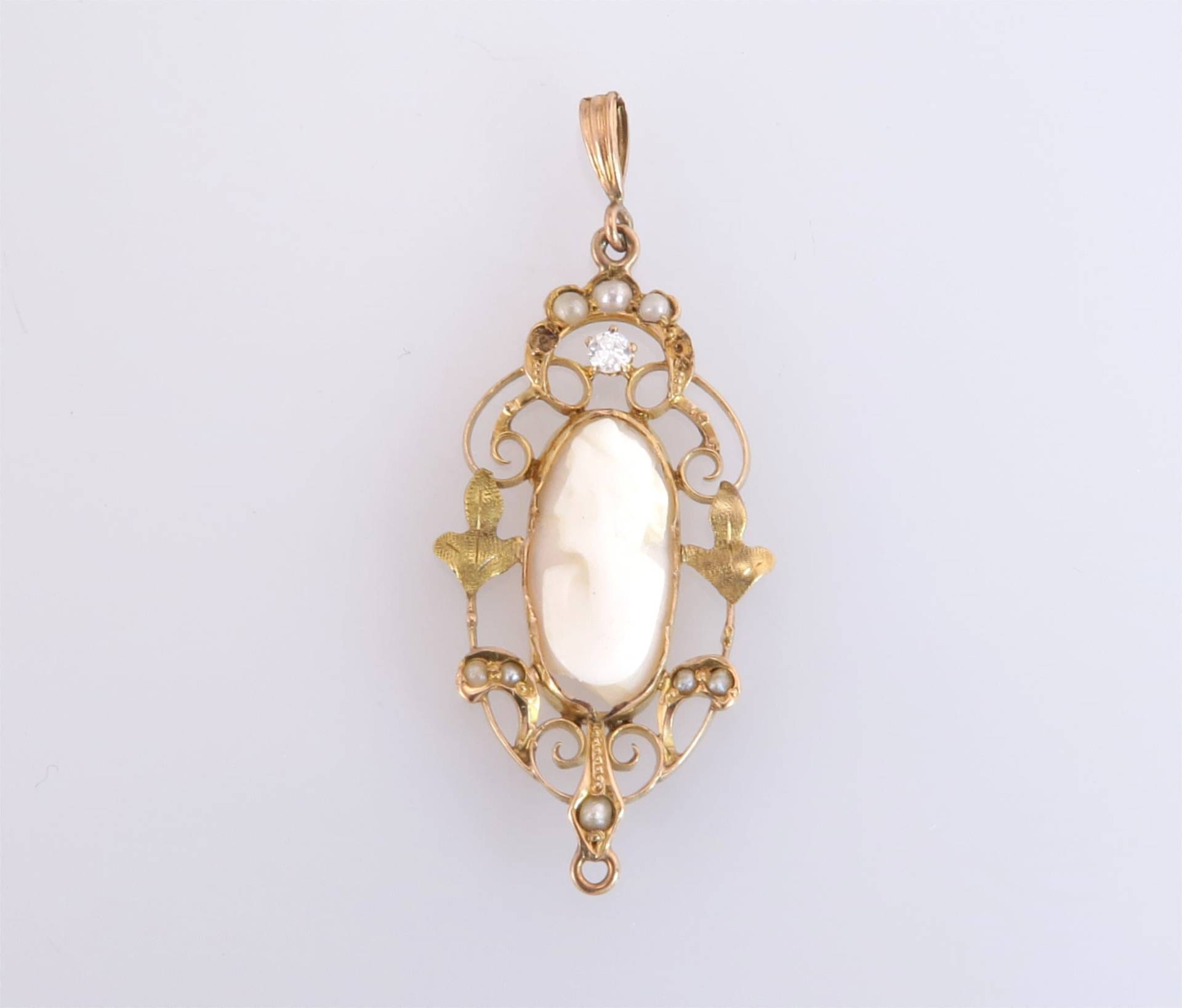 Antik Art Deco 10K Gold Lavaliere Echte Diamant Perle & Kamee Anhänger 2.2G von EstateAntiqueJewelry
