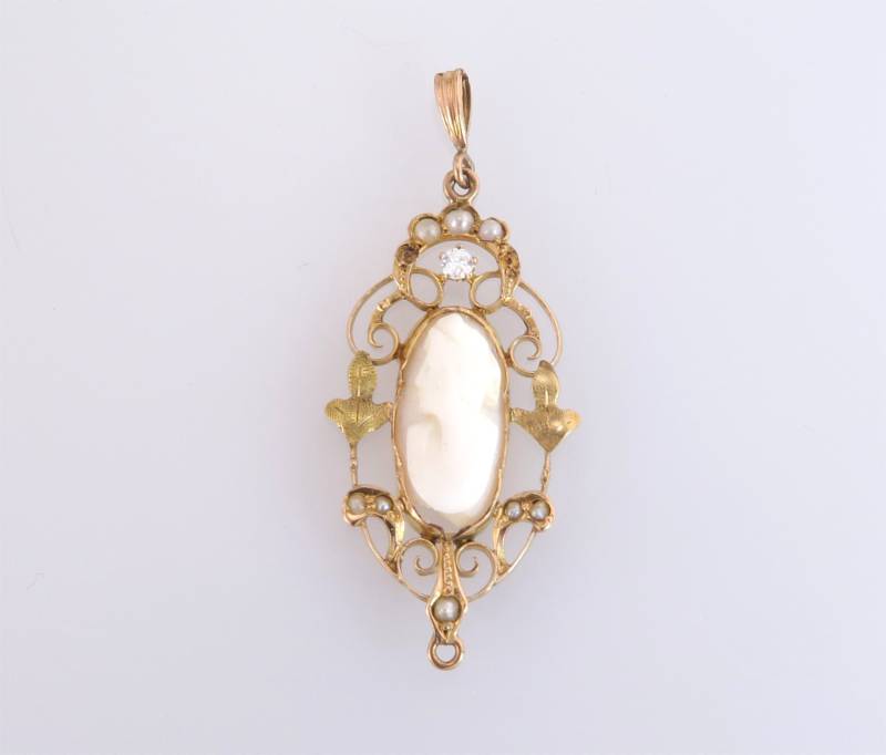 Antik Art Deco 10K Gold Lavaliere Echte Diamant Perle & Kamee Anhänger 2.2G von EstateAntiqueJewelry