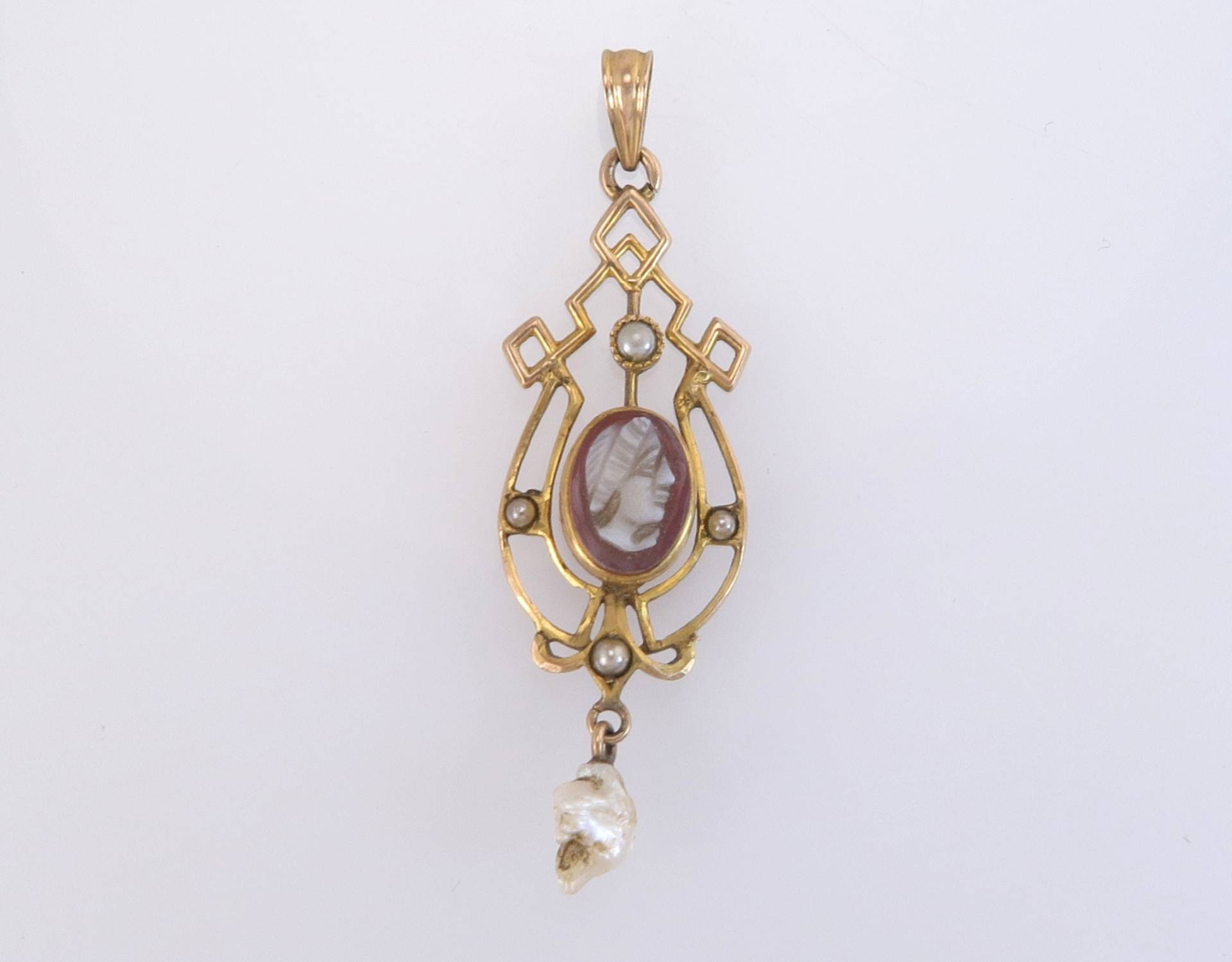 Antik Estate Art Deco 10K Gelbgold Lavaliere Saatperle & Kamee Anhänger von EstateAntiqueJewelry