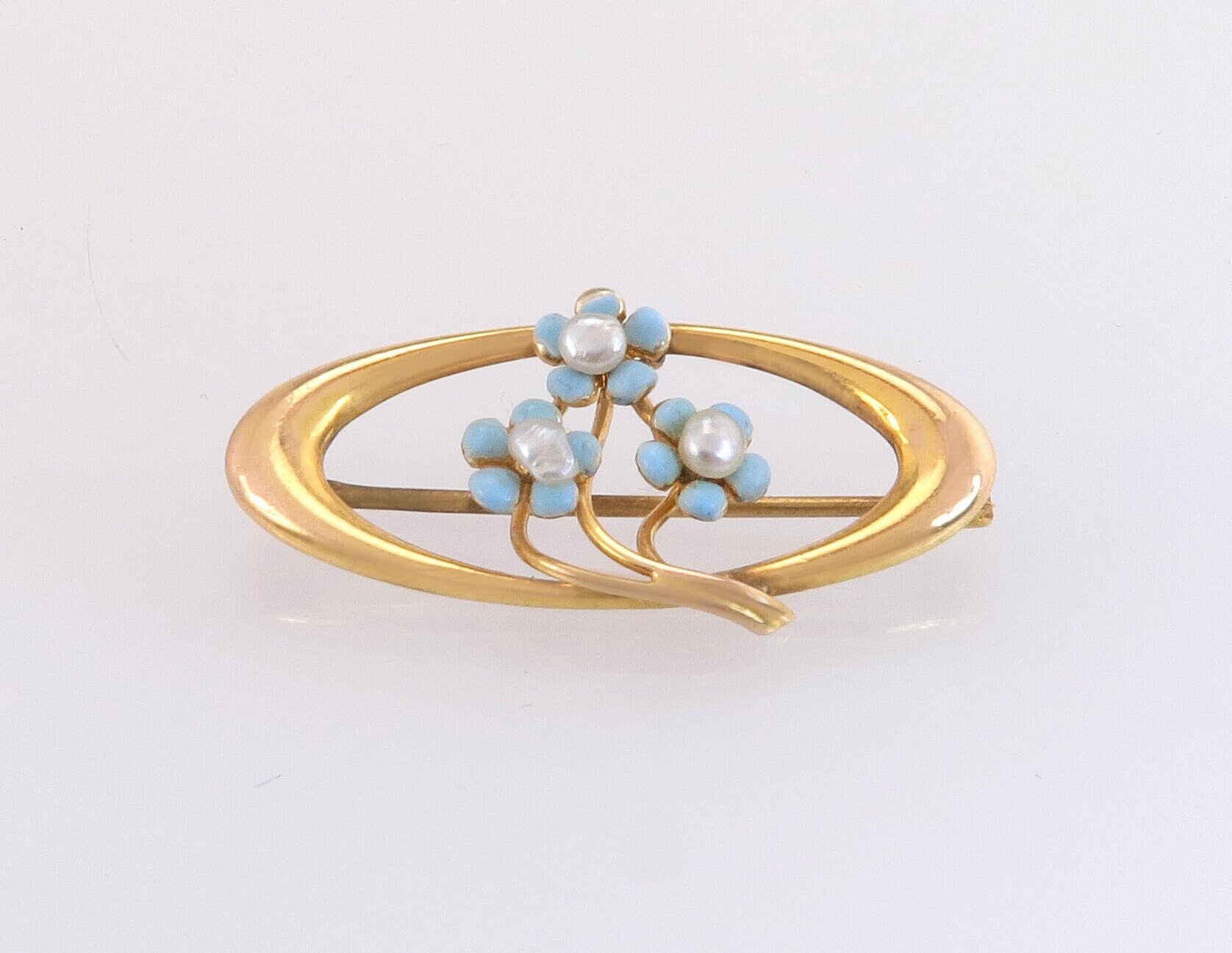 Antik Nachlass 10K Gelbgold Süßwasserperle & Emaille Blumen Pin Brosche von EstateAntiqueJewelry