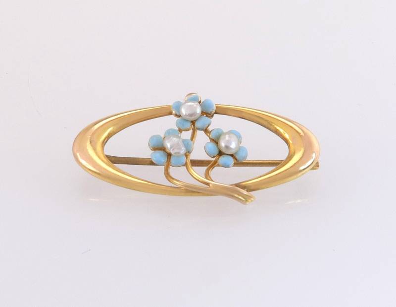 Antik Nachlass 10K Gelbgold Süßwasserperle & Emaille Blumen Pin Brosche von EstateAntiqueJewelry