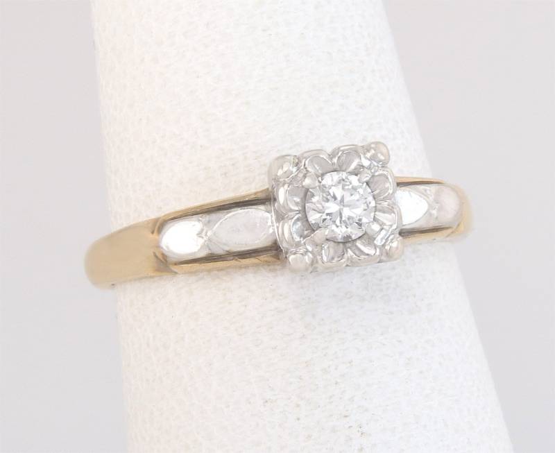 Antike .11Ct Echte Diamant 14K Zweifarbiges Gold Art-Deco-Verlobungsring Größe 6, 25 von EstateAntiqueJewelry