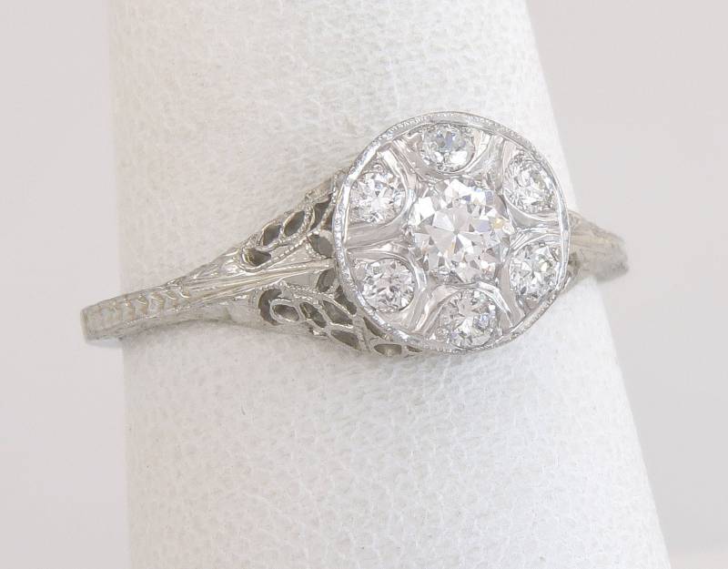 Antike .24Ct Echter Diamant 18K Weißgold Art-Deco-Verlobungsring Größe 7, 75 von EstateAntiqueJewelry