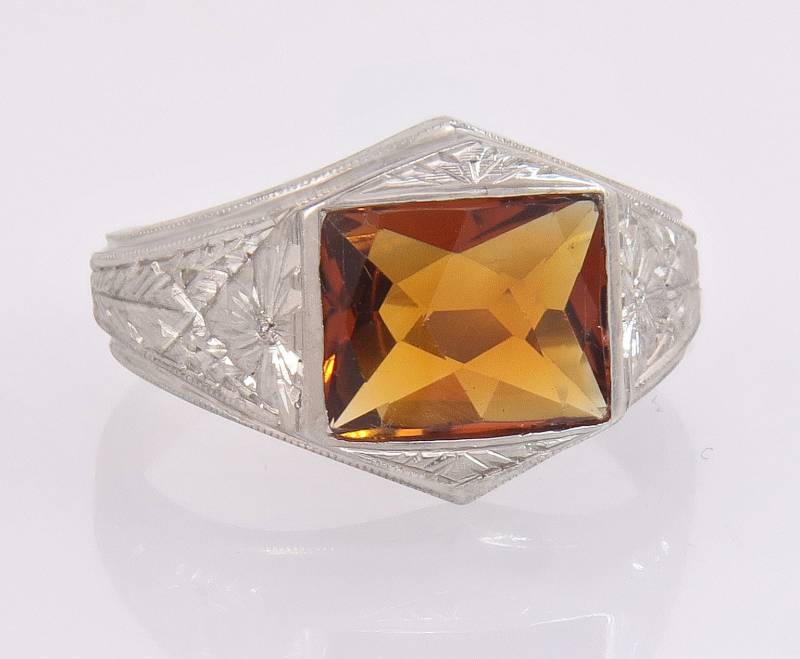 Antike 10K Weißgold Blumen 3.00Ct Citrin Art Deco Herrenring 8G Größe 10, 25 von EstateAntiqueJewelry