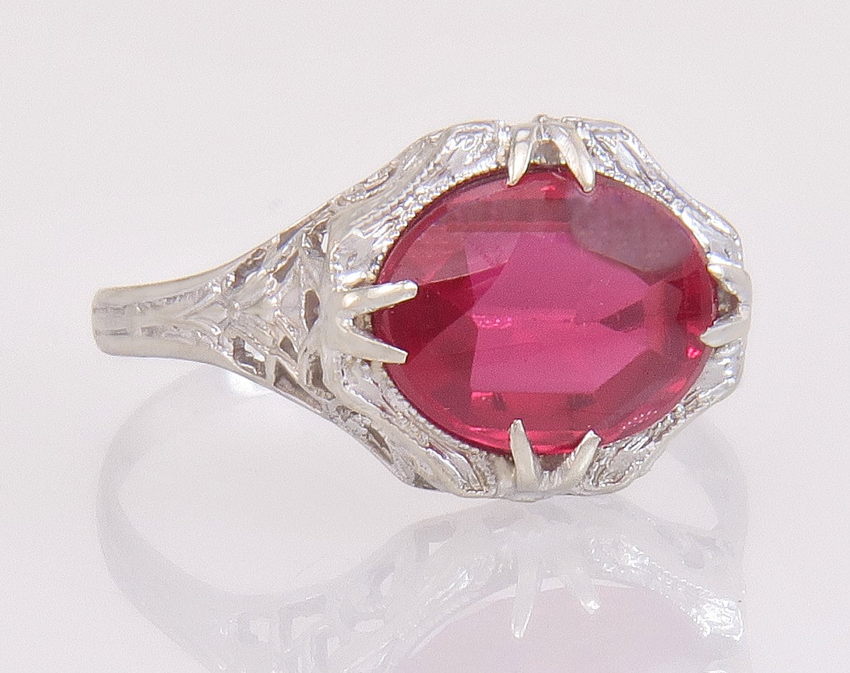 Antike 14K Weißgold 3.00Ct Cabochon Simulierte Spinell Art Deco Ring Größe 8, 75 von EstateAntiqueJewelry