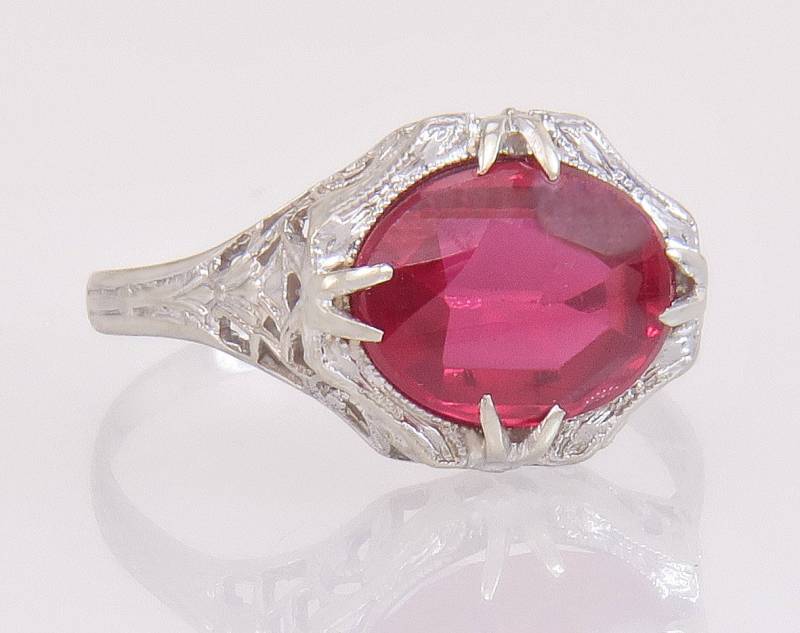 Antike 14K Weißgold 3.00Ct Cabochon Simulierte Spinell Art Deco Ring Größe 8, 75 von EstateAntiqueJewelry