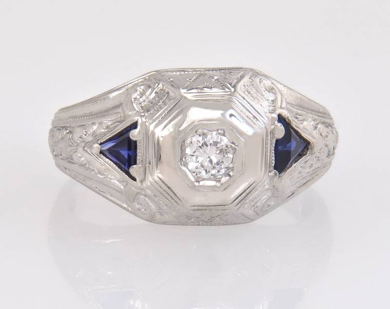 Antike 18K Gold .25Ct Echter Diamant & Saphir Art-Deco-Ring-Band Größe 5, 5 von EstateAntiqueJewelry